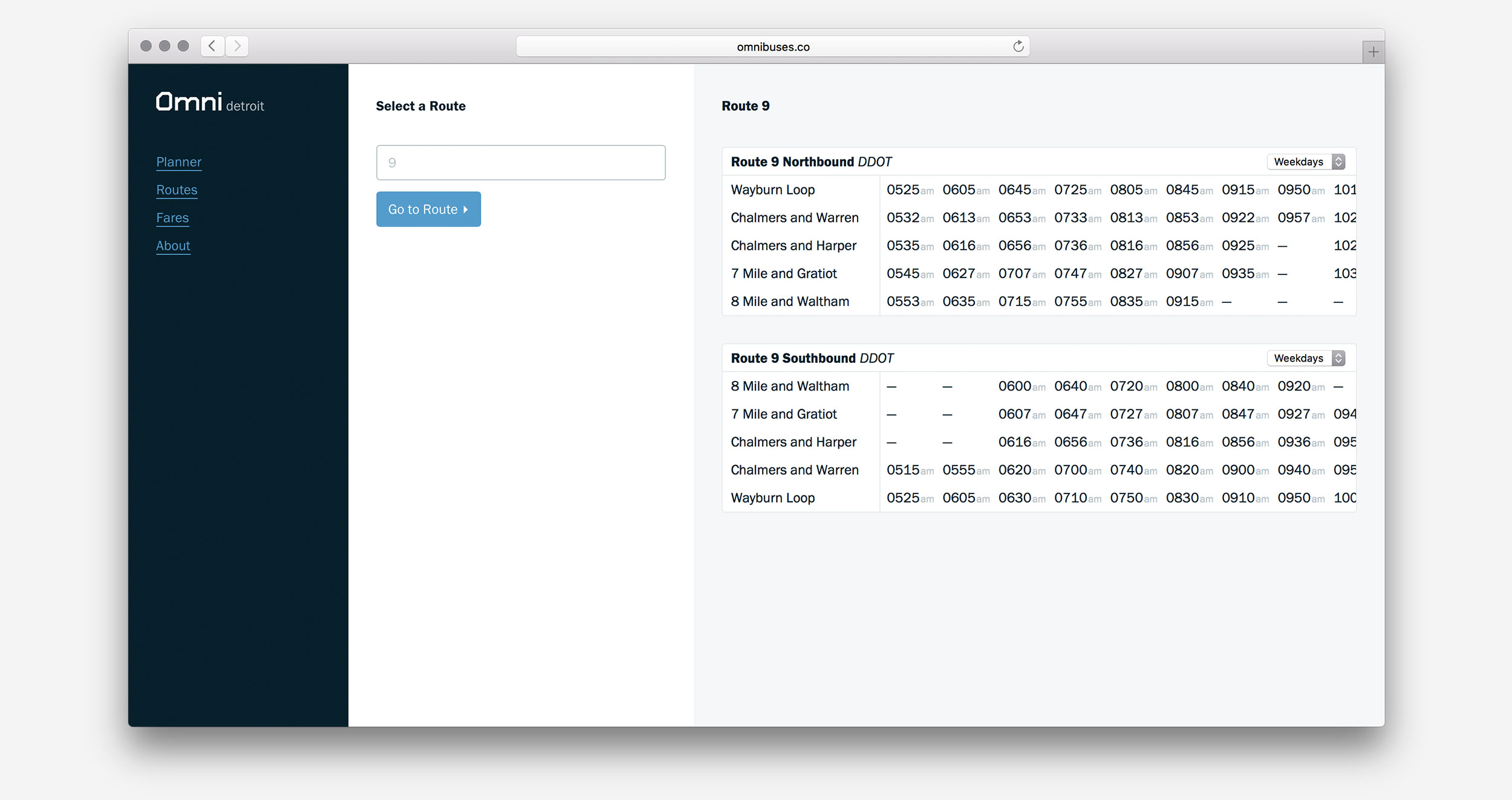 A timetable result in the web app